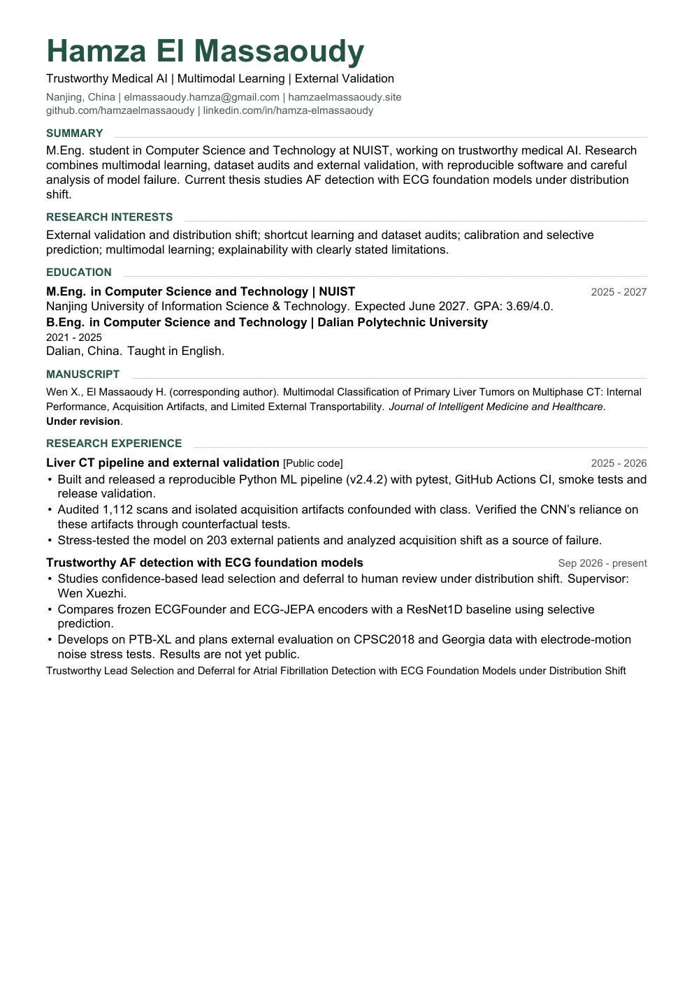 First page of Hamza El Massaoudy's academic CV in English